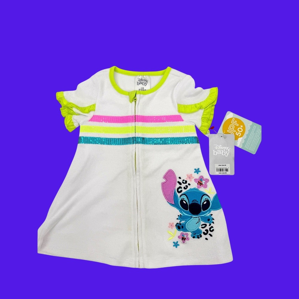 NWT Disney Baby Stitch Girls Swim Cover Up 12 18M UPF 50 Terry Zip Ruffle Sleeve